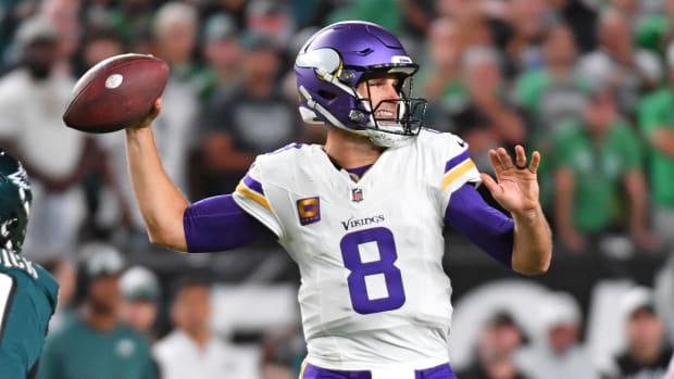 Sep 14, 2023; Philadelphia, Pennsylvania, USA; Minnesota Vikings quarterback Kirk Cousins (8) against the Philadelphia Eagles at Lincoln Financial Field.
